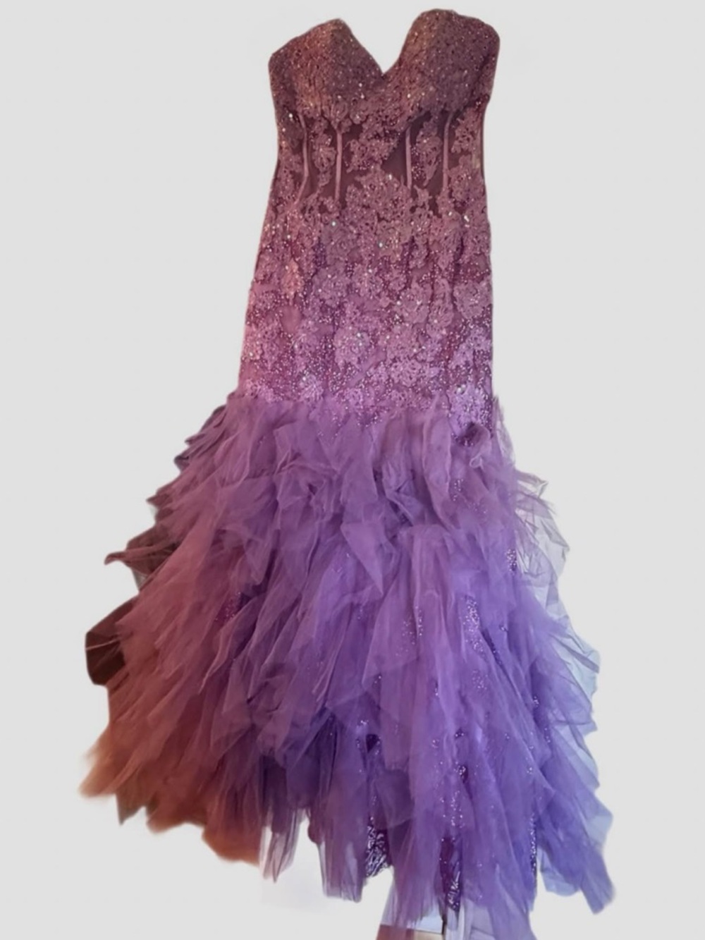 Jovani 1267 Purple Strapless Beaded Corset Mermaid Tulle Fairy Gown Sz 12 - Picture 4 of 16
